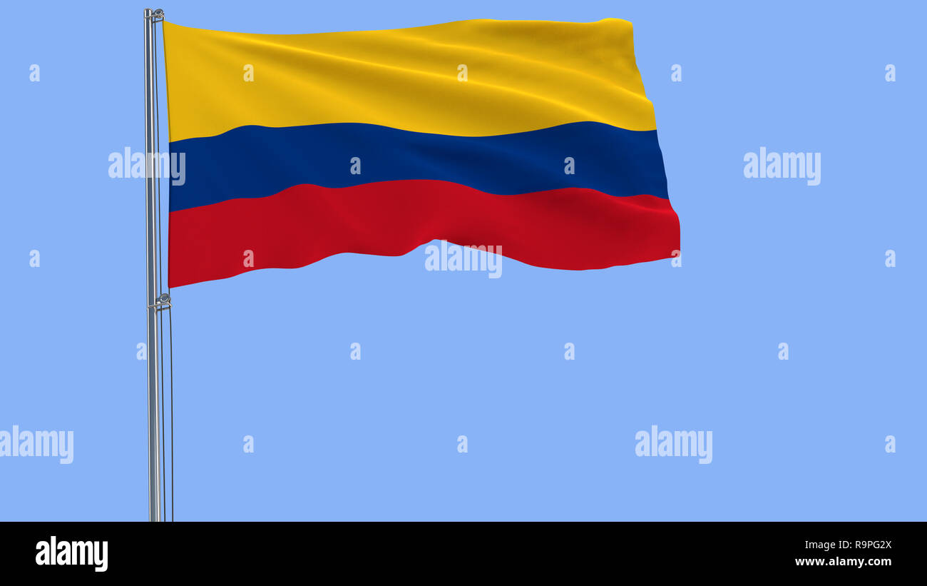 Isolate flag of Colombia on a flagpole fluttering in the wind on blue background, 3d rendering Stock Photo