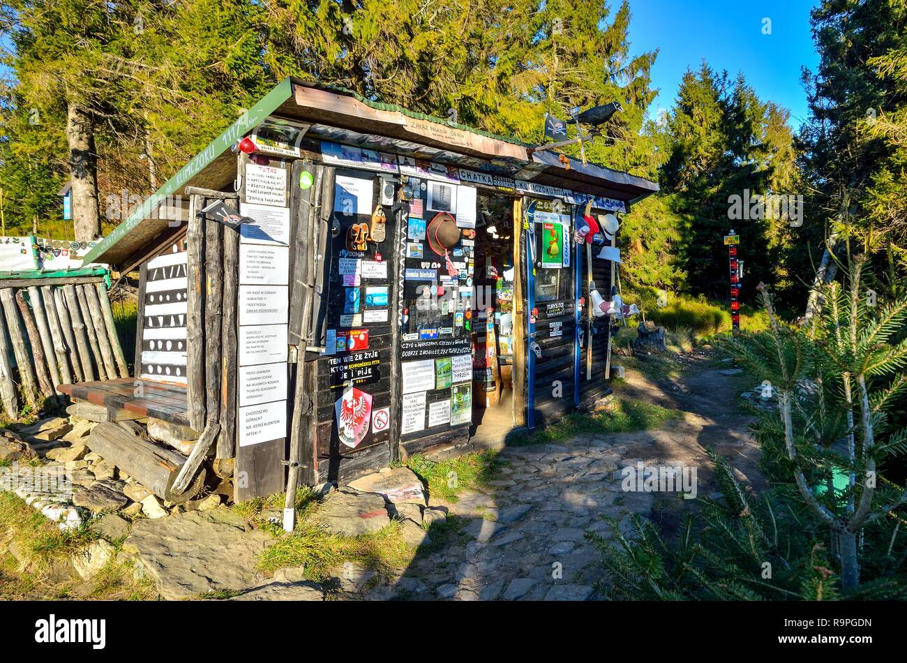 BESKIDS, POLAND - NOVEMBER 12, 2018: Beautiful colorful wooden cottage in the mountains in the Beskids Mountains, Poland. Stock Photo