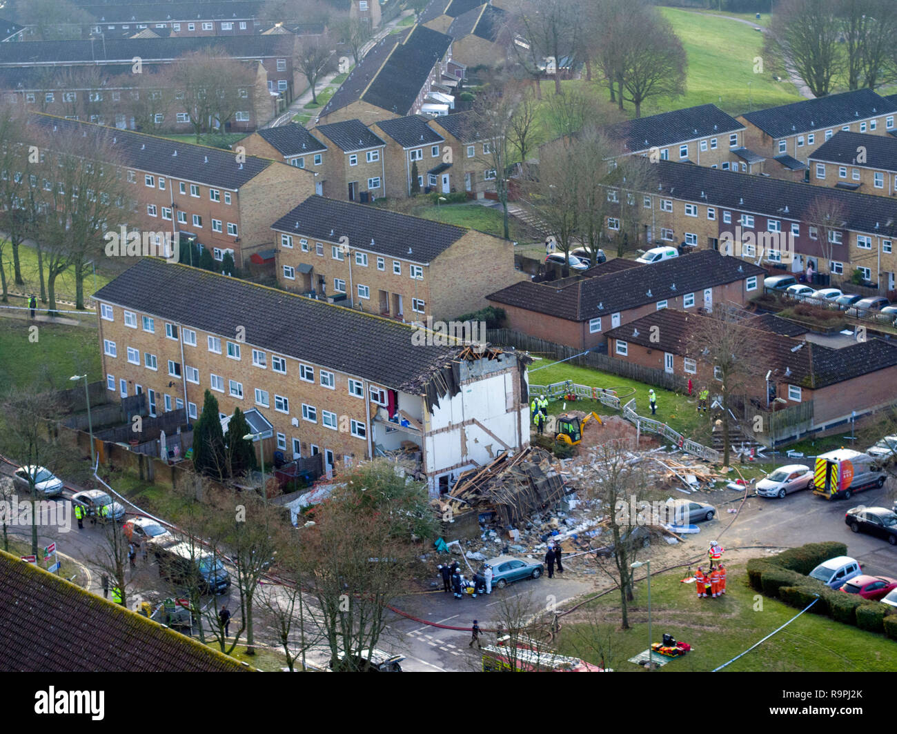 An aerial view of the scene in Launcelot Close, Andover, where Hampshire Police say that the body of a man has been found after an explosion caused a building to collapse this morning. Stock Photo