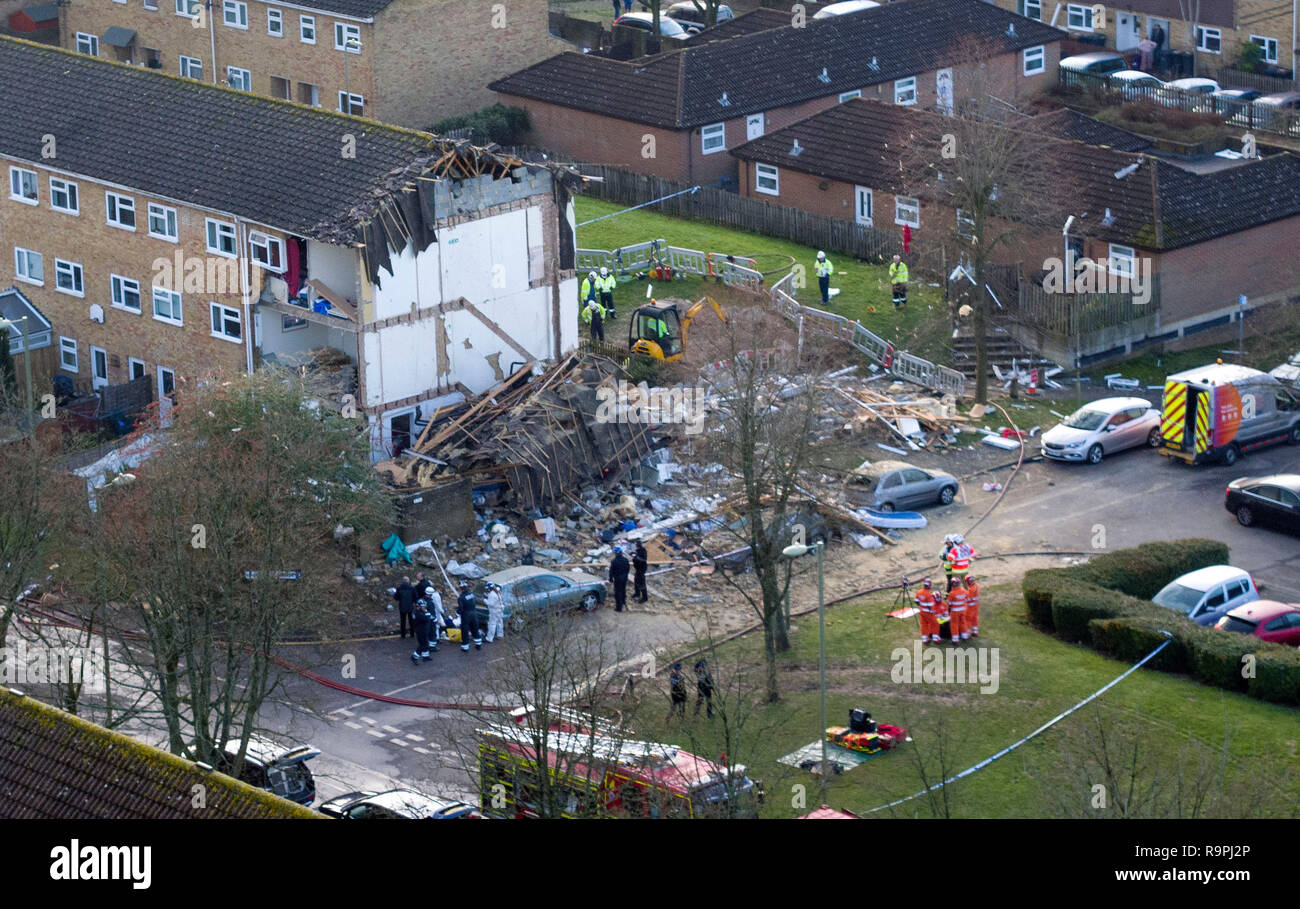 An aerial view of the scene in Launcelot Close, Andover, where Hampshire Police say that the body of a man has been found after an explosion caused a building to collapse this morning. Stock Photo