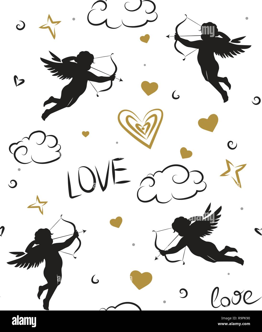 Seamless romantic pattern with cupids. Love symbols, signs, icons ...