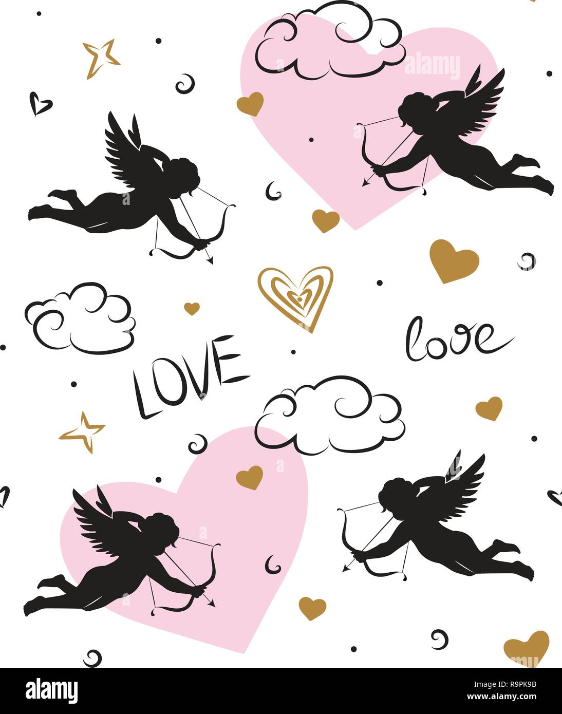 Seamless romantic pattern with cupids. Love symbols, signs, icons ...