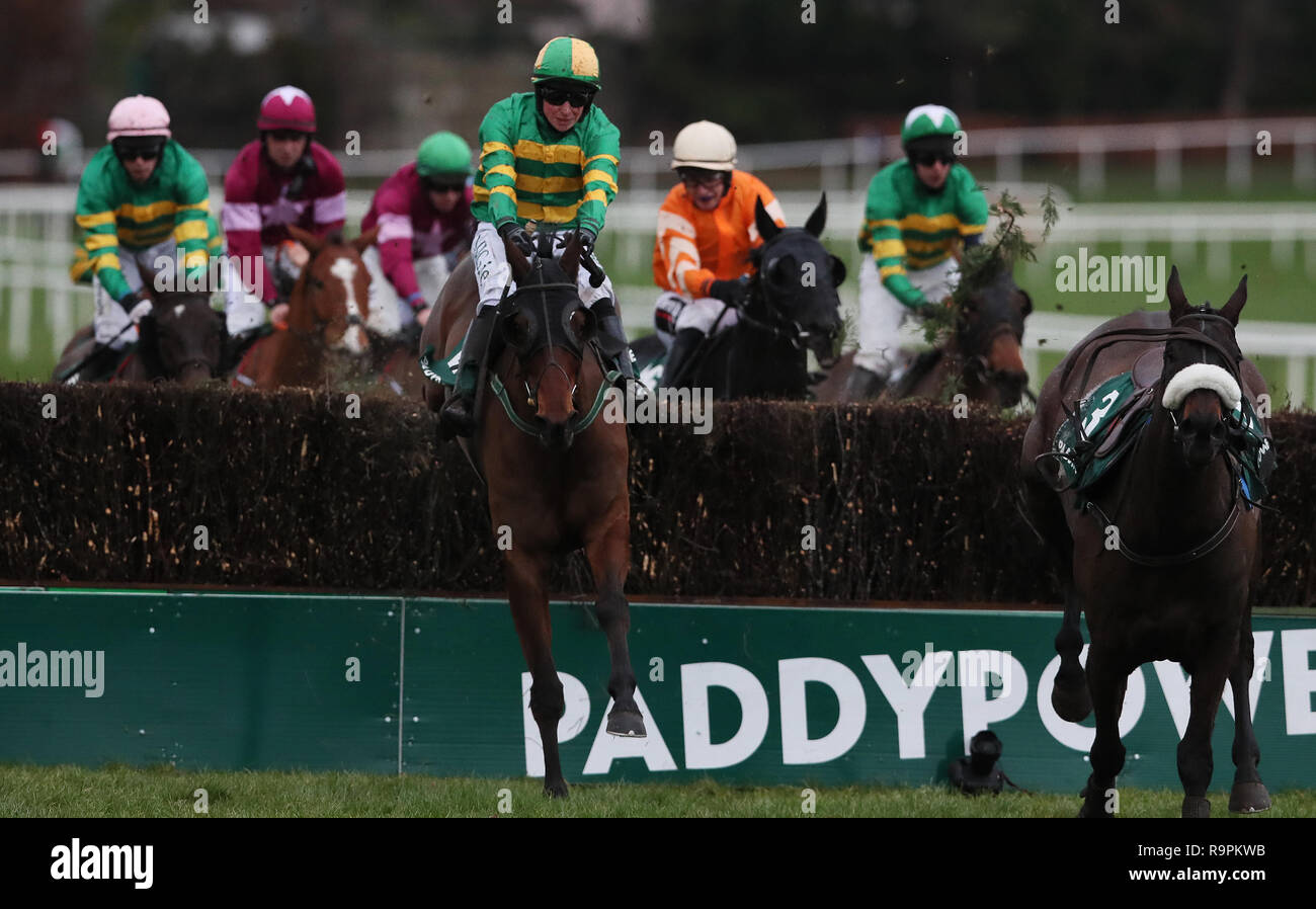 Auvergnat ridden by Donal McInerney clears the last on the way to winning the Paddy Power Steeplechase during day two of the Leopardstown Christmas Festival at Leopardstown Racecourse. Stock Photo