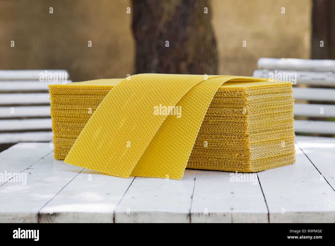 Plates of wax foundation - stack of apiary honeycomb base elements on wooden table. Image of basic beekeeping tools - wax foundation in rustic scenery Stock Photo