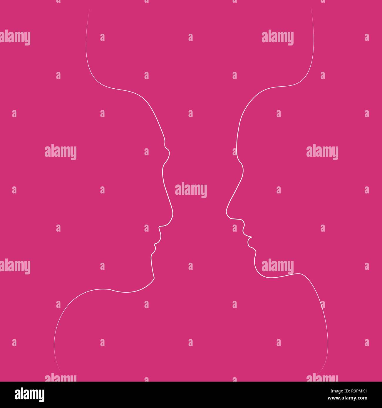 Two people silhouettes drawn with one line. Simple vector illustration. Separate on a colored background. Stock Vector