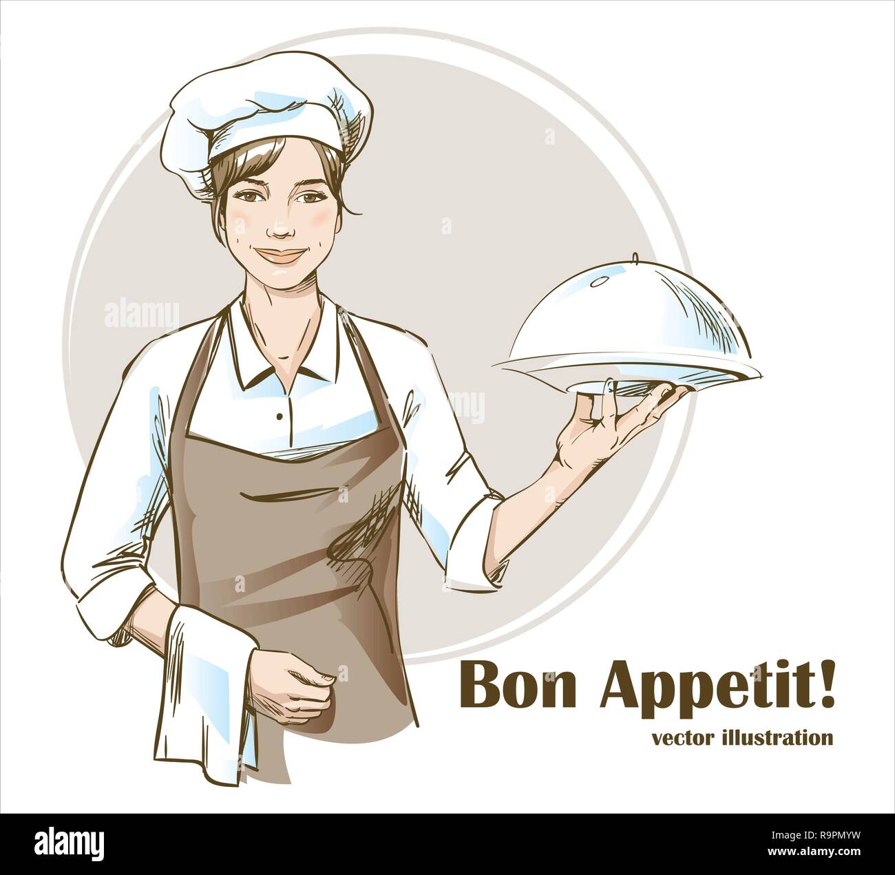 Smiling and happy female chef. Woman chef is holding a restaurant cloche. Hand drawn vector illustration. Stock Vector