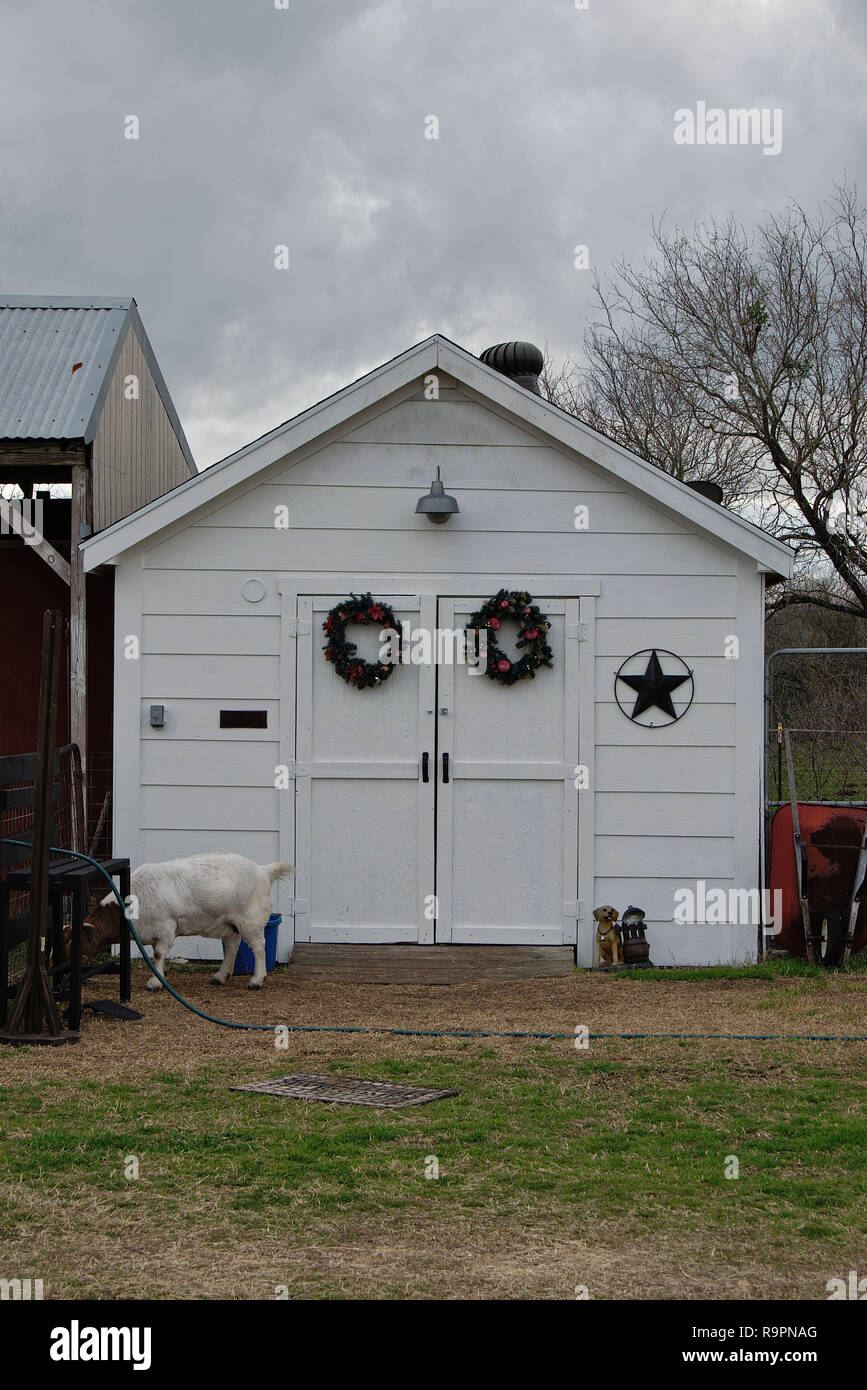 Small White Wooden Shed With Double Door And Christmas
