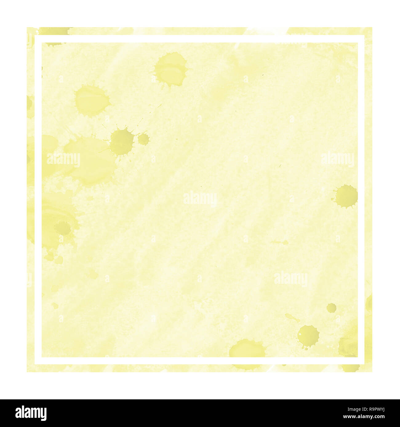 Yellow hand drawn watercolor rectangular frame background texture with stains. Modern design element Stock Photo