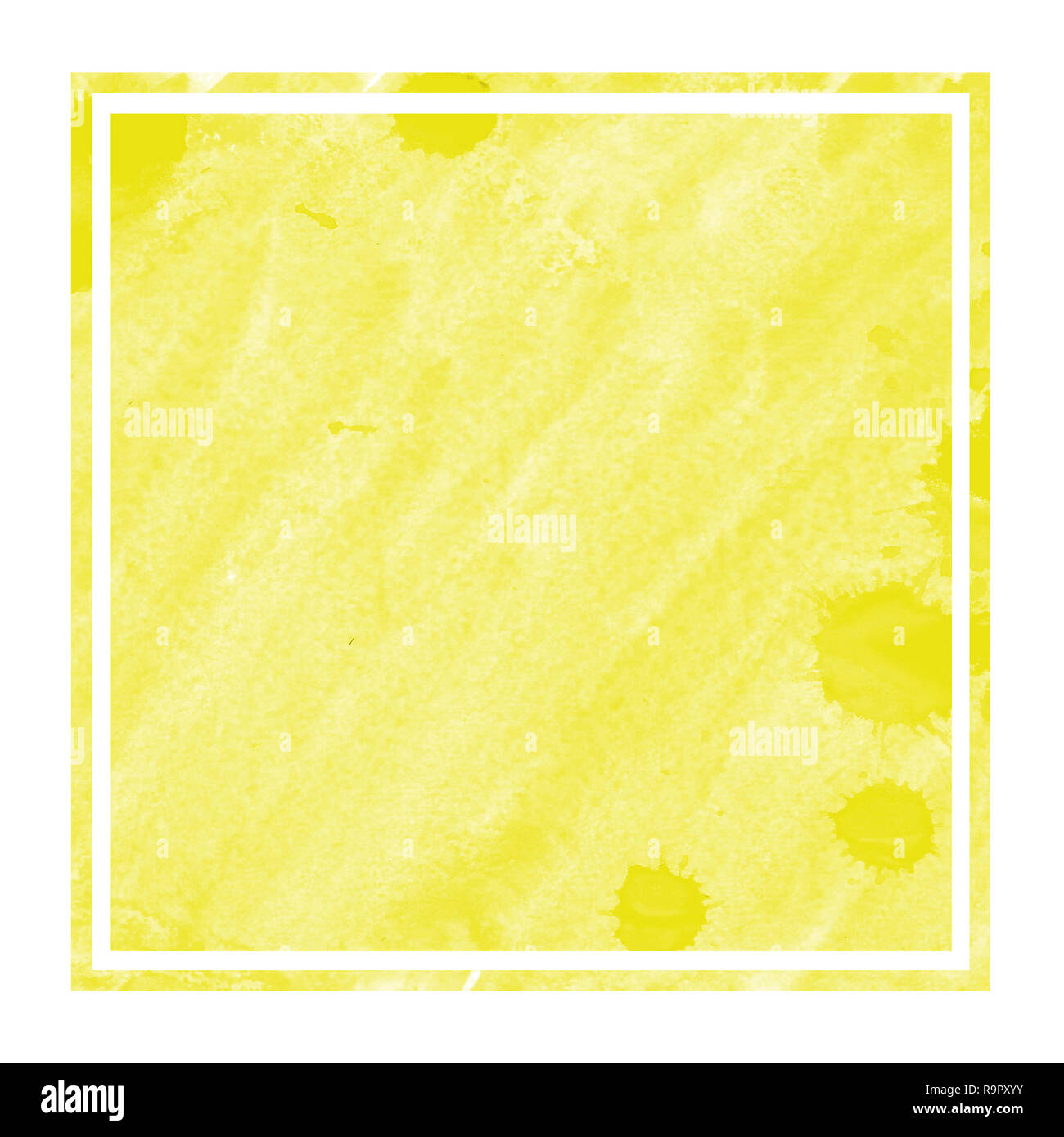Yellow hand drawn watercolor rectangular frame background texture with stains. Modern design element Stock Photo