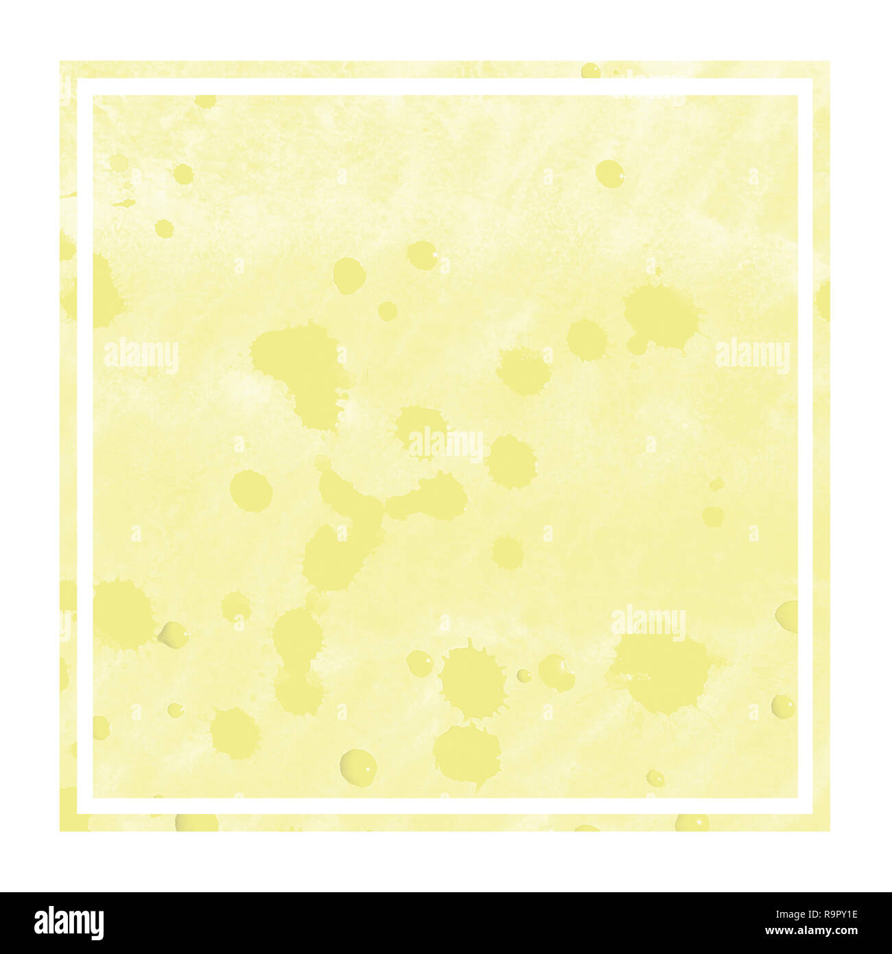 Yellow hand drawn watercolor rectangular frame background texture with stains. Modern design element Stock Photo
