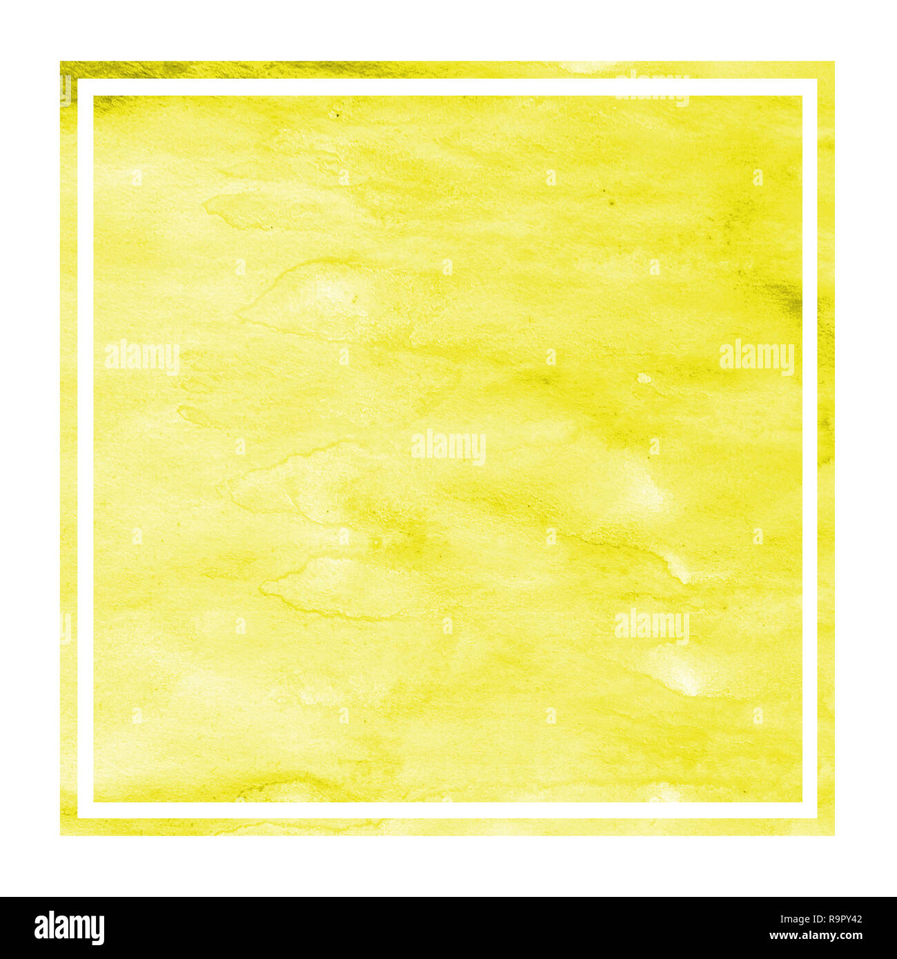 Yellow hand drawn watercolor rectangular frame background texture with stains. Modern design element Stock Photo