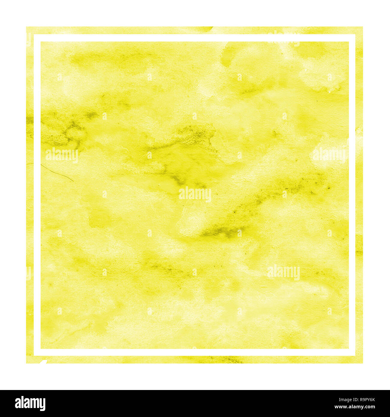 Yellow hand drawn watercolor rectangular frame background texture with stains. Modern design element Stock Photo