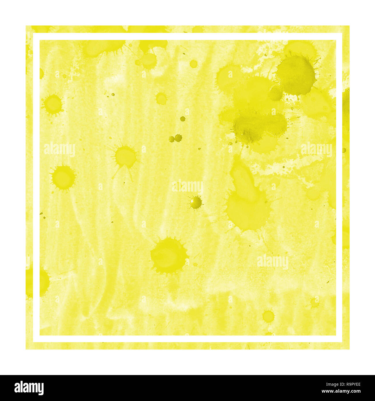 Yellow hand drawn watercolor rectangular frame background texture with stains. Modern design element Stock Photo