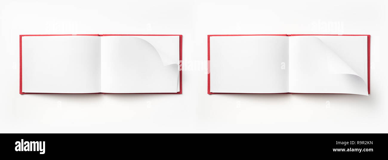 Design concept - Top view red hardcover notebook with open & flip curl rolled page isolated on background for mockup Stock Photo