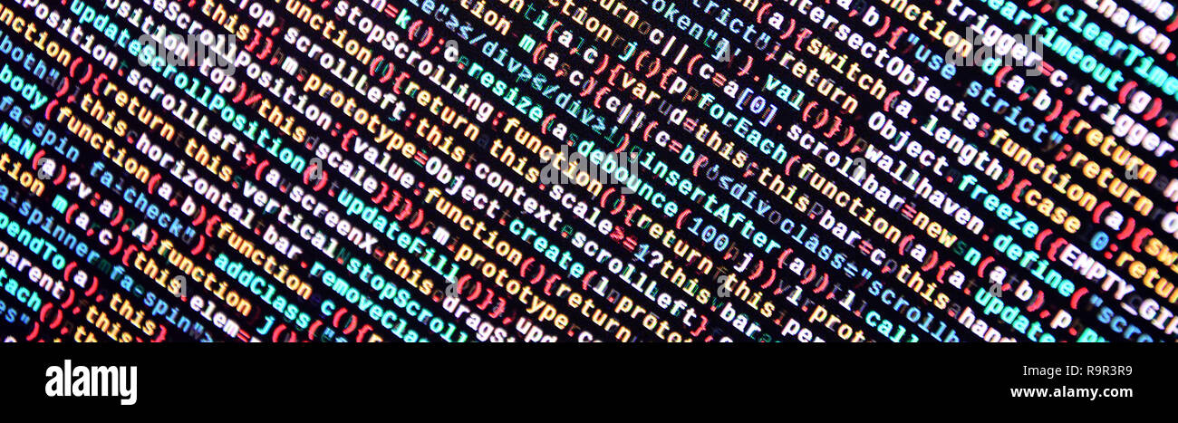Javascript functions, variables, objects. Monitor closeup of function source code. IT specialist workplace. Big data and Internet of things trend. HTM Stock Photo