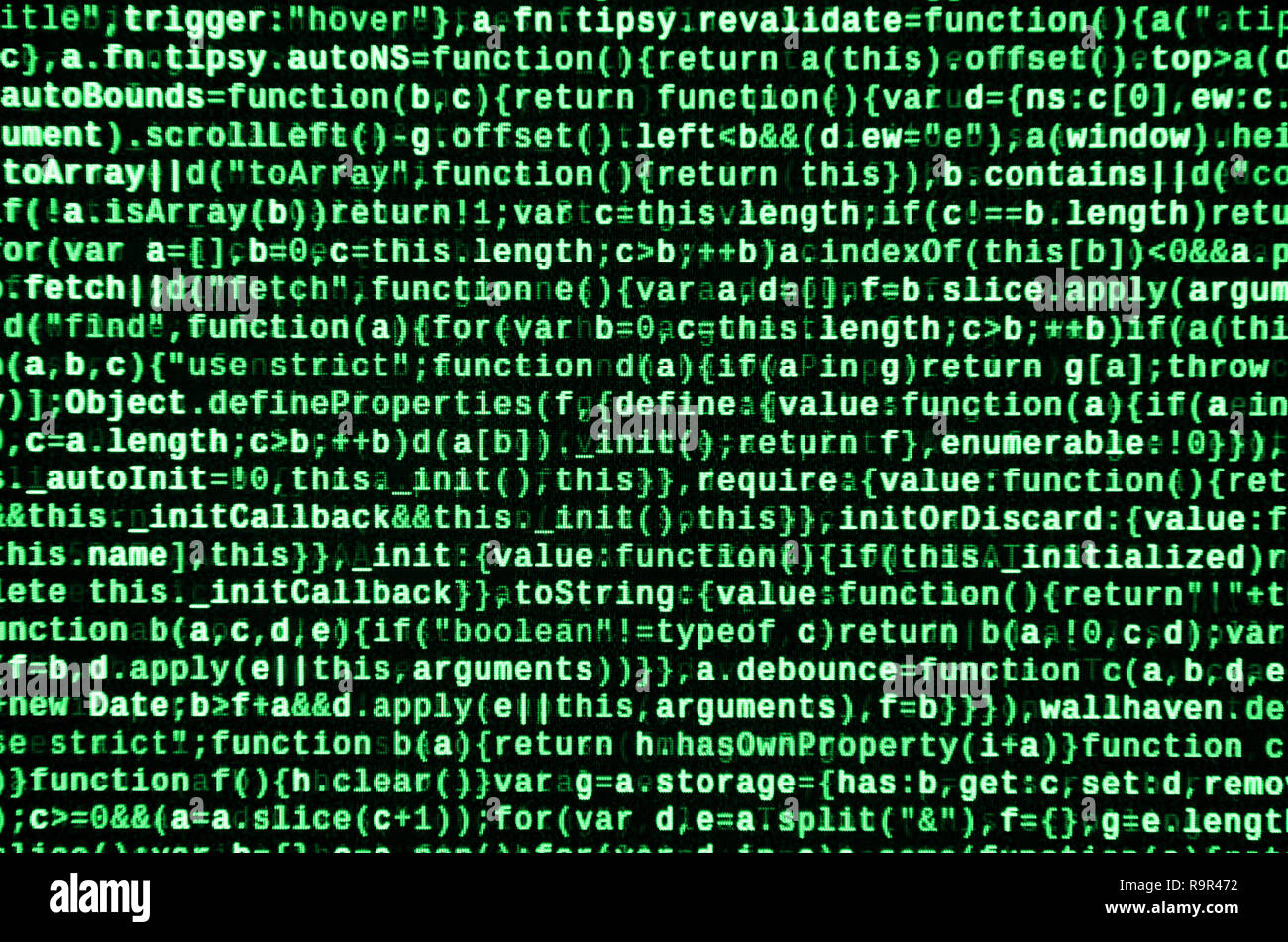 Javascript functions, variables, objects. Monitor closeup of function source code. IT specialist workplace. Big data and Internet of things trend. HTM Stock Photo