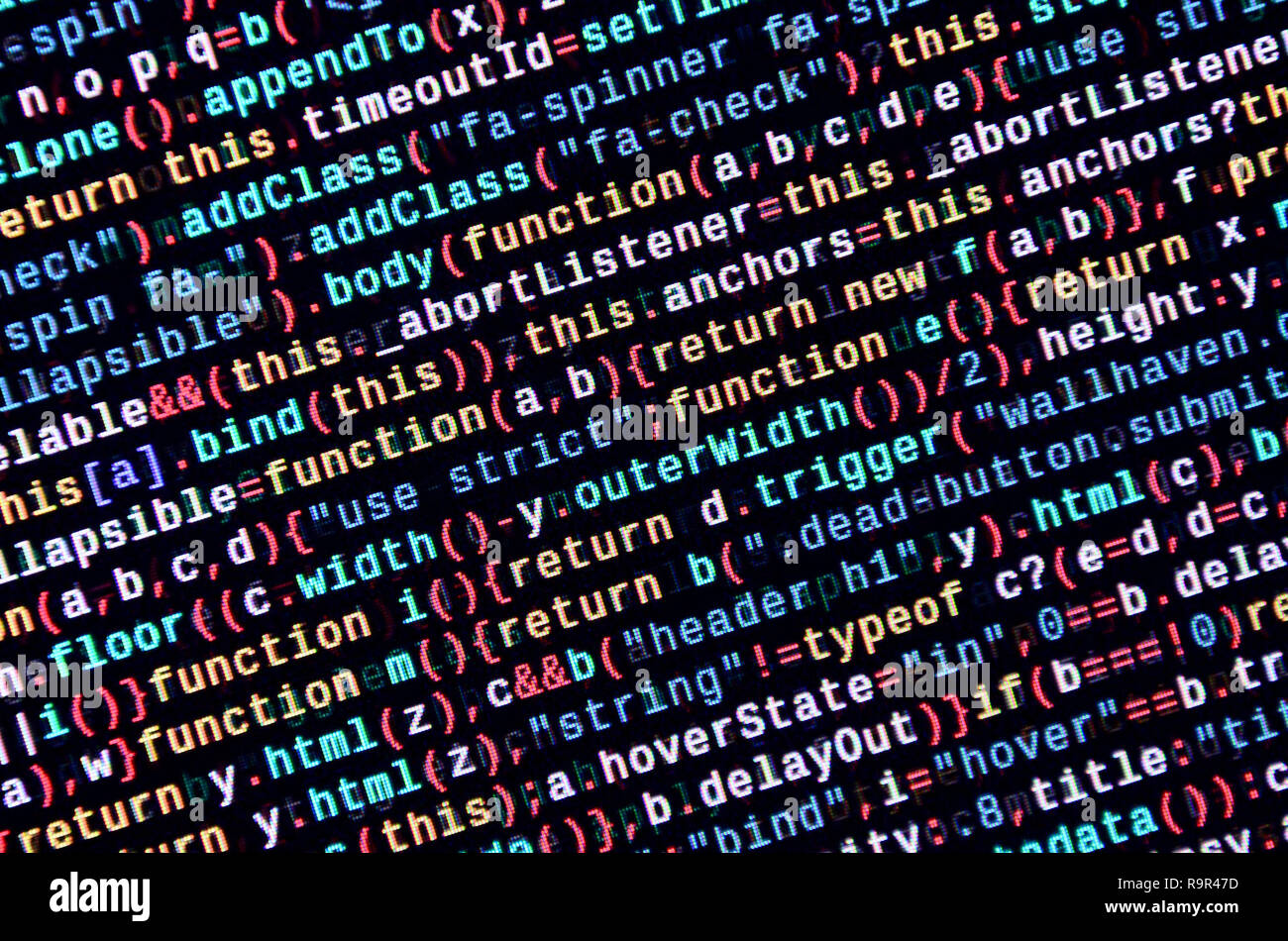 Javascript functions, variables, objects. Monitor closeup of function source code. IT specialist workplace. Big data and Internet of things trend. HTM Stock Photo