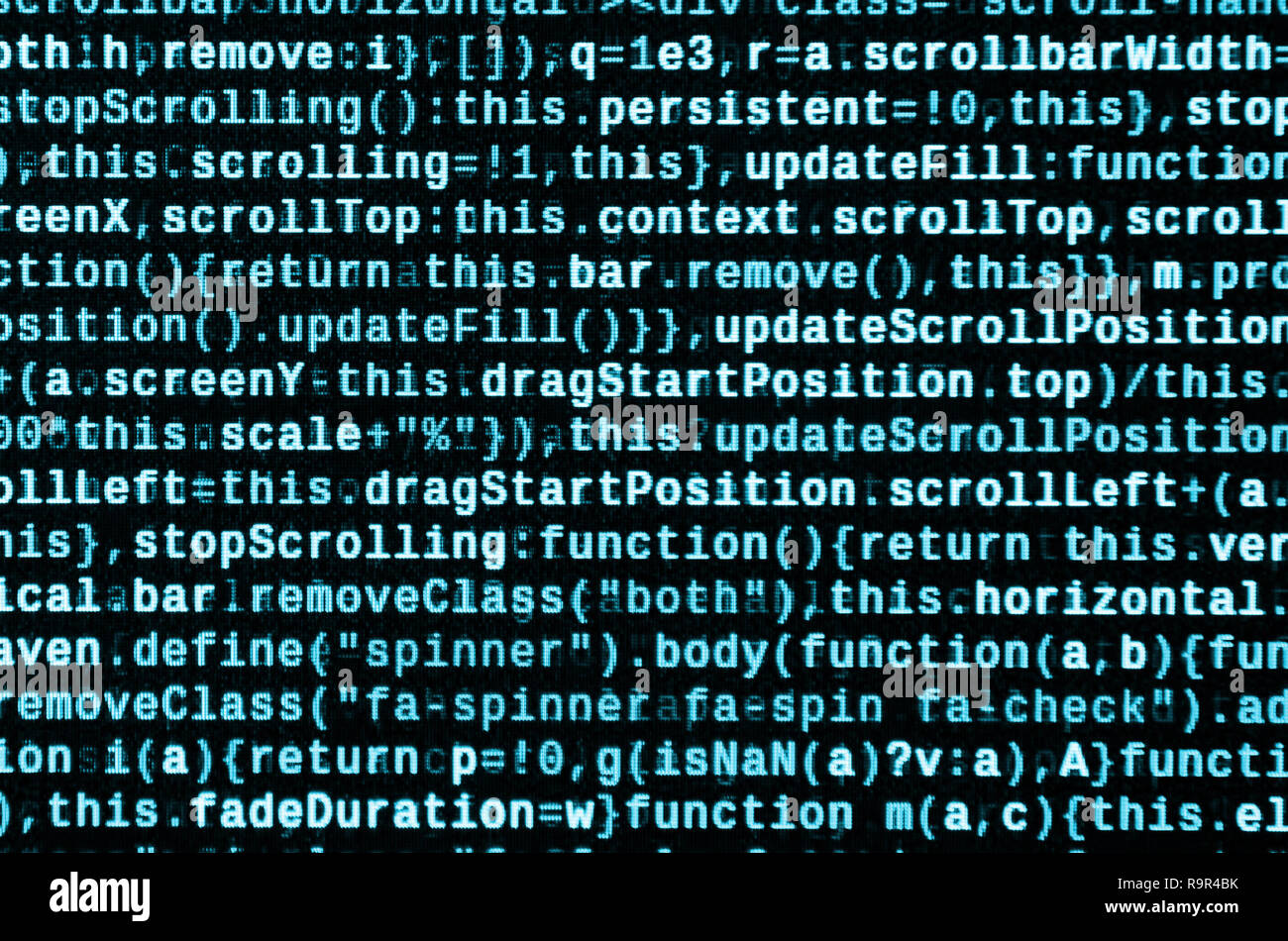 Writing programming code on laptop. Digital binary data on computer ...
