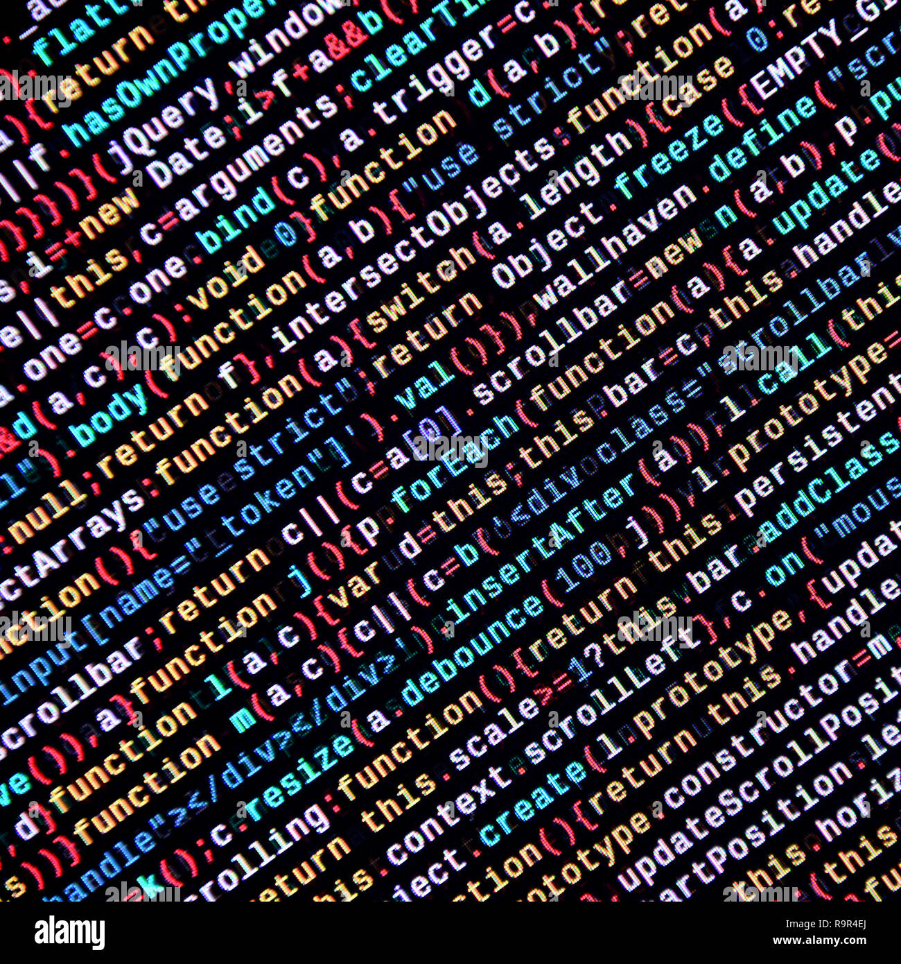 Writing programming code on laptop. Digital binary data on computer ...