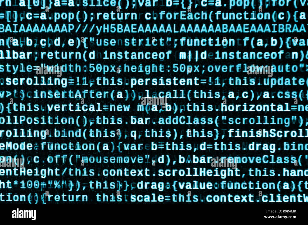 Writing programming code on laptop. Digital binary data on computer ...