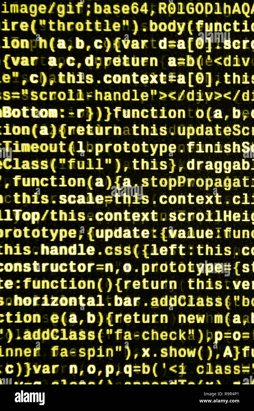 Javascript functions, variables, objects. Monitor closeup of function source code. IT specialist workplace. Big data and Internet of things trend. HTM Stock Photo