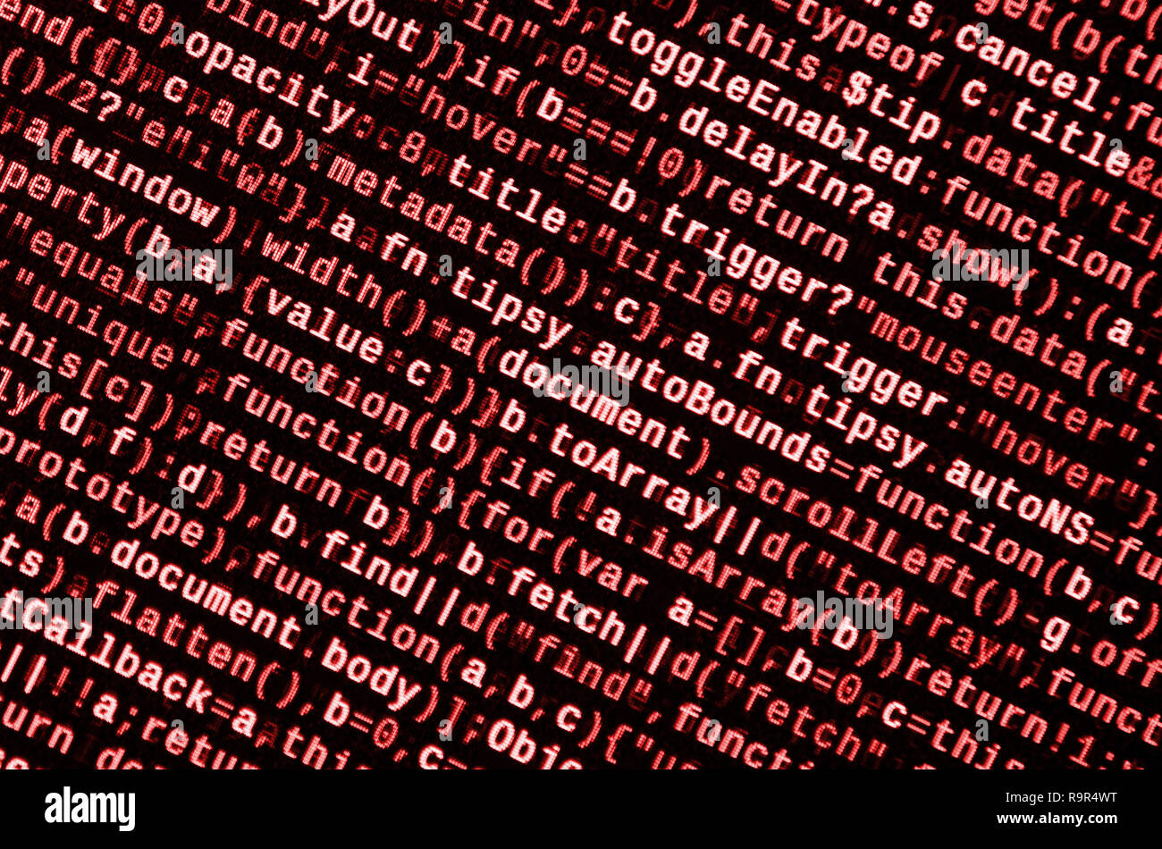 Javascript functions, variables, objects. Monitor closeup of function source code. IT specialist workplace. Big data and Internet of things trend. HTM Stock Photo