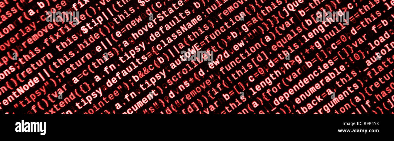 Writing programming code on laptop. Digital binary data on computer screen. Project managers work new idea. Software engineer at work. Software abstra Stock Photo
