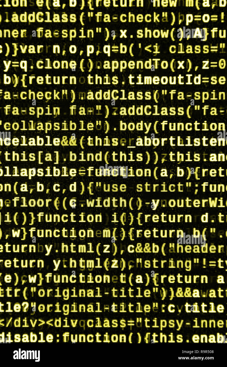 Javascript functions, variables, objects. Monitor closeup of function source code. IT specialist workplace. Big data and Internet of things trend. HTM Stock Photo