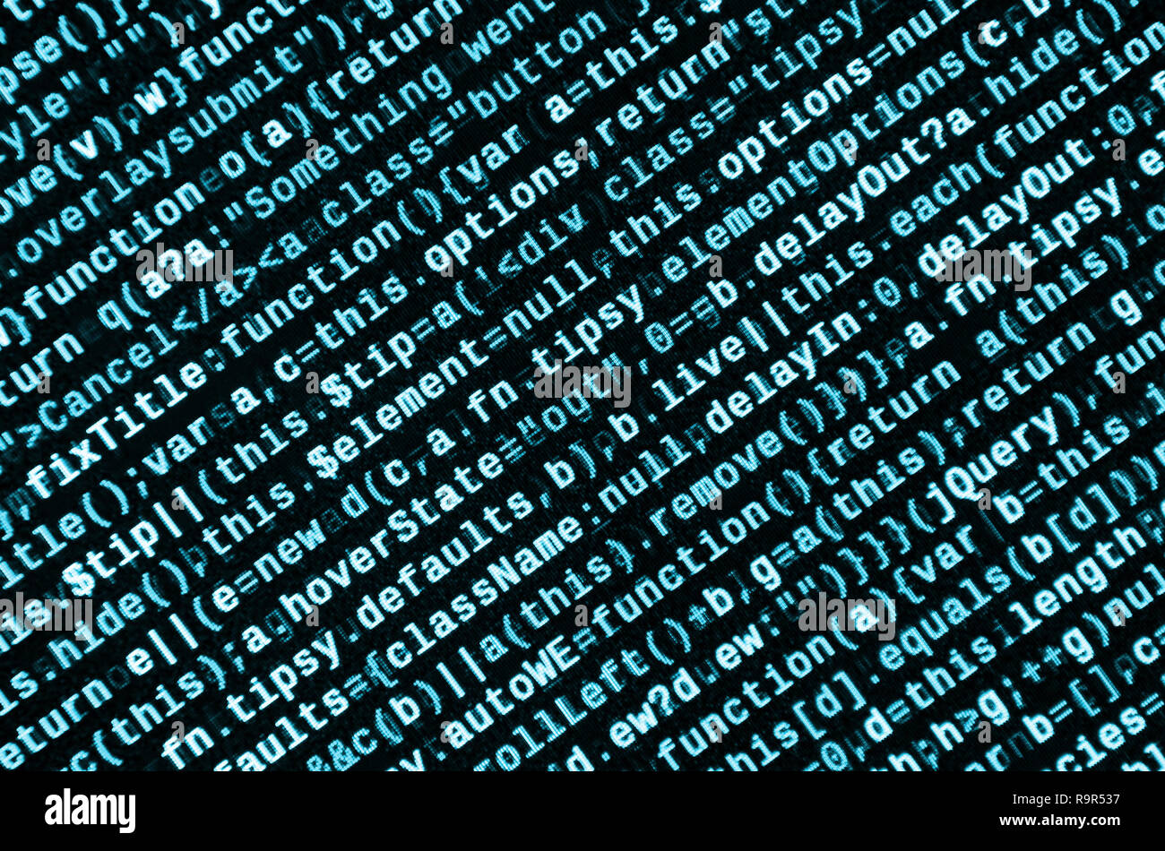 Writing programming code on laptop. Digital binary data on computer ...