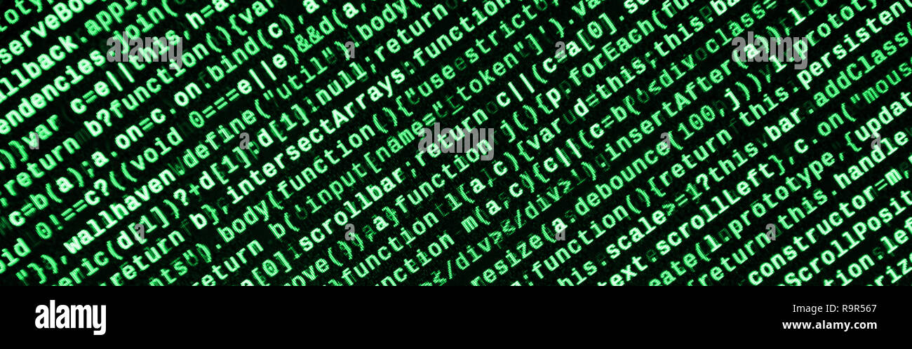 Javascript functions, variables, objects. Monitor closeup of function source code. IT specialist workplace. Big data and Internet of things trend. HTM Stock Photo