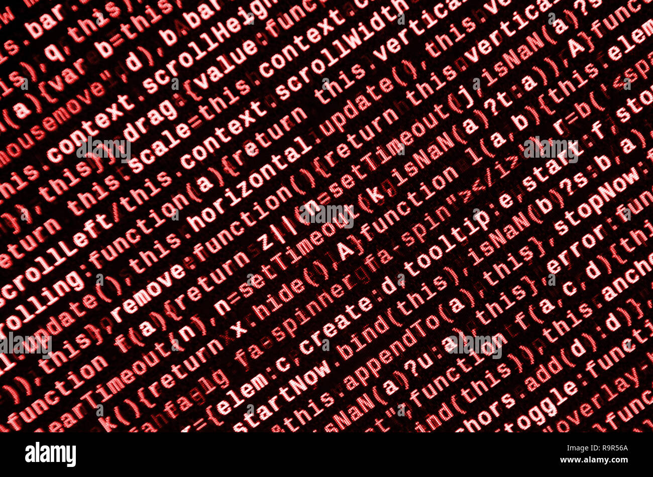 Writing programming code on laptop. Digital binary data on computer screen. Project managers work new idea. Software engineer at work. Software abstra Stock Photo