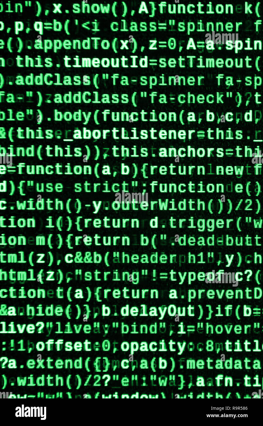 Writing programming code on laptop. Digital binary data on computer screen. Project managers work new idea. Software engineer at work. Software abstra Stock Photo