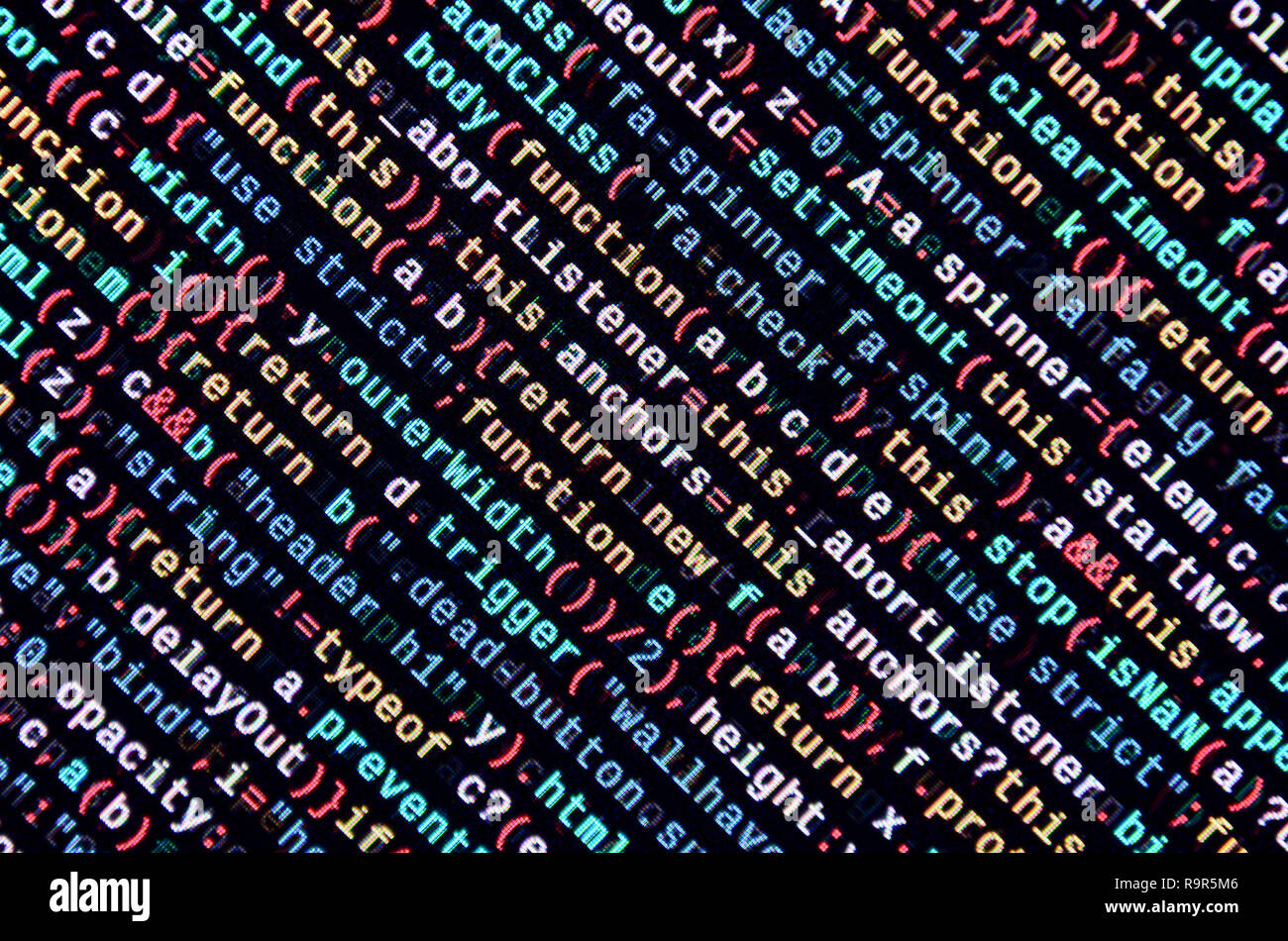 Javascript functions, variables, objects. Monitor closeup of function source code. IT specialist workplace. Big data and Internet of things trend. HTM Stock Photo