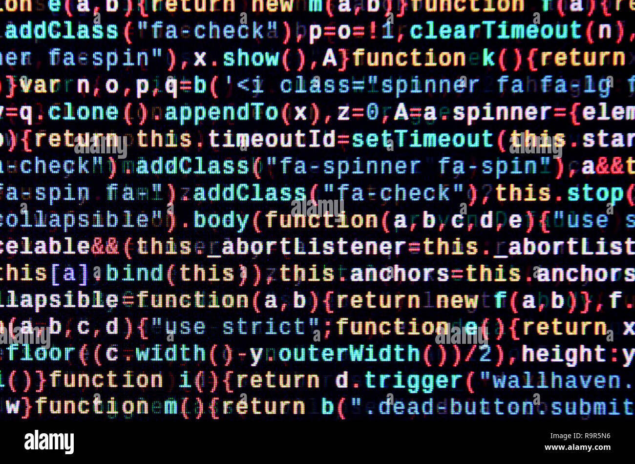 JavaScript code in text editor. Coding cyberspace concept. Screen of ...