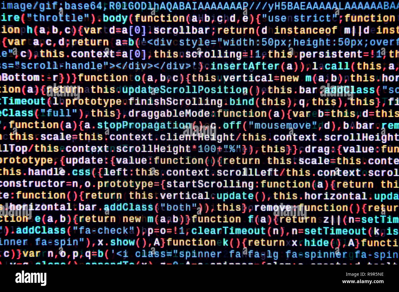 Writing programming code on laptop. Digital binary data on computer ...