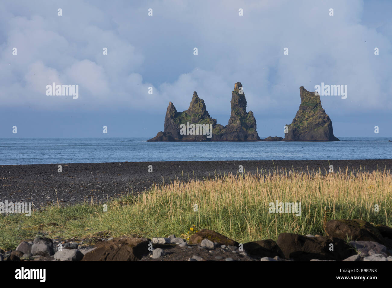 Felsen, Felsnadeln, Reynisdrangar an der Küste von Vík í Mýrdal, „Bucht am sumpfigen Tal“, Vik i Myrdal,  liegt in der isländischen Gemeinde Mýrdalur  Stock Photo