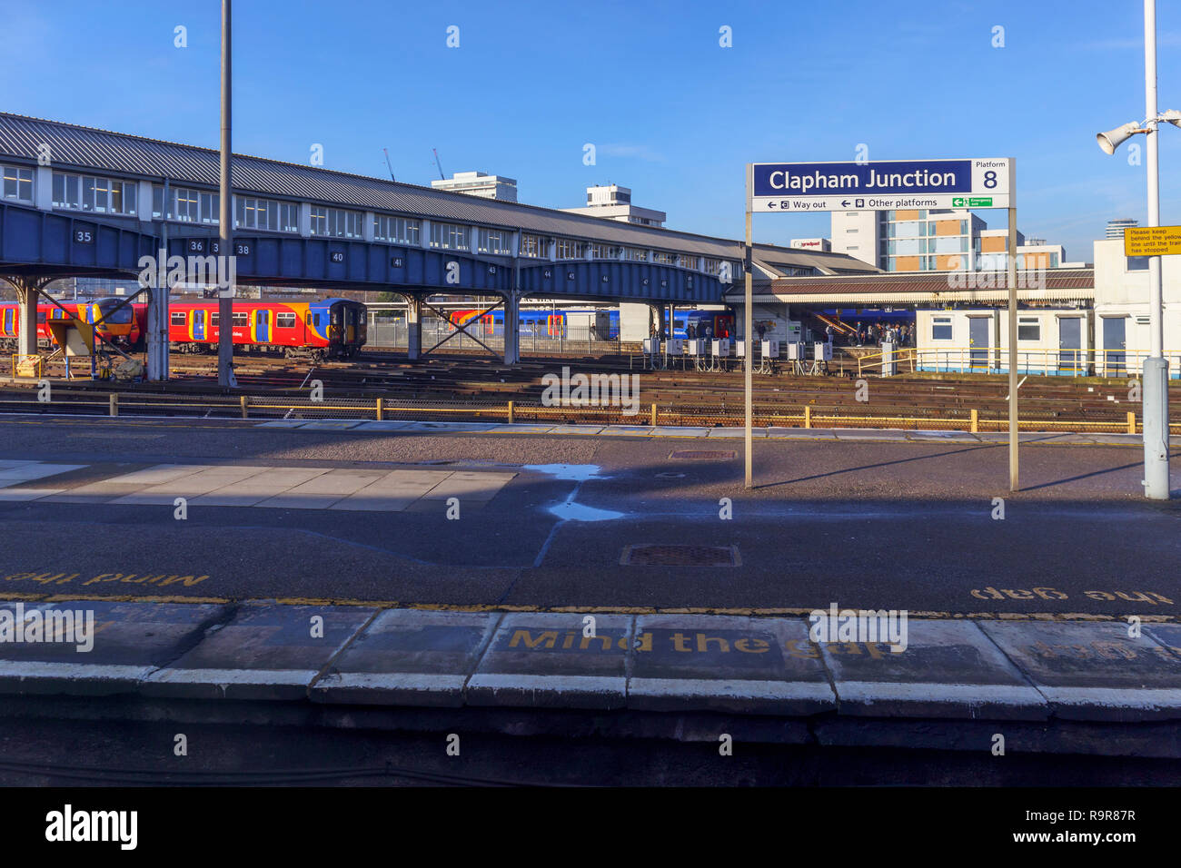 Platform name board at Clapham Junction railway station and transport hub near St John's Hill in south-west Battersea, London Borough of Wandsworth Stock Photo