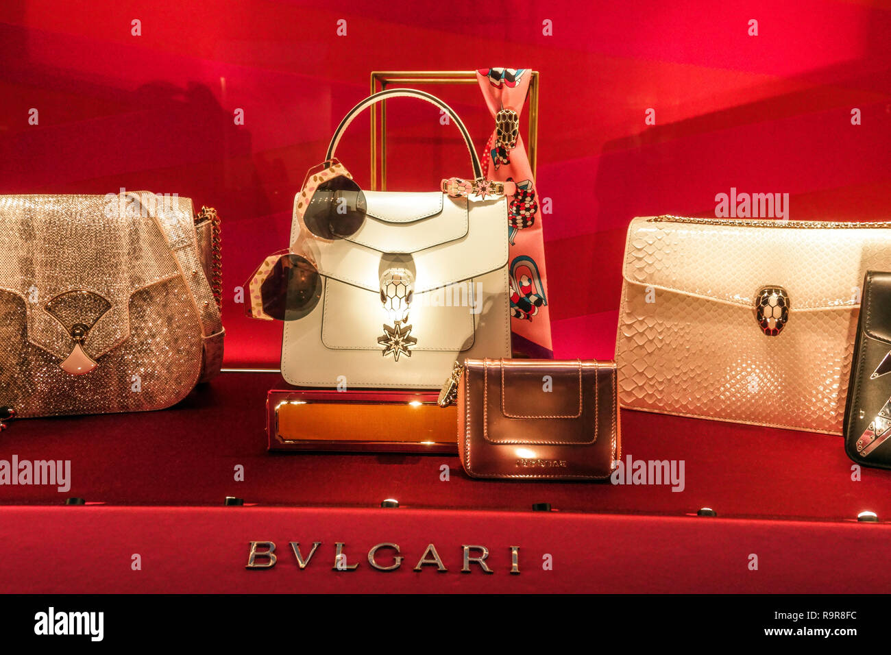 Bvlgari store, handbag in shop window display, Prague Czech Republic Stock Photo