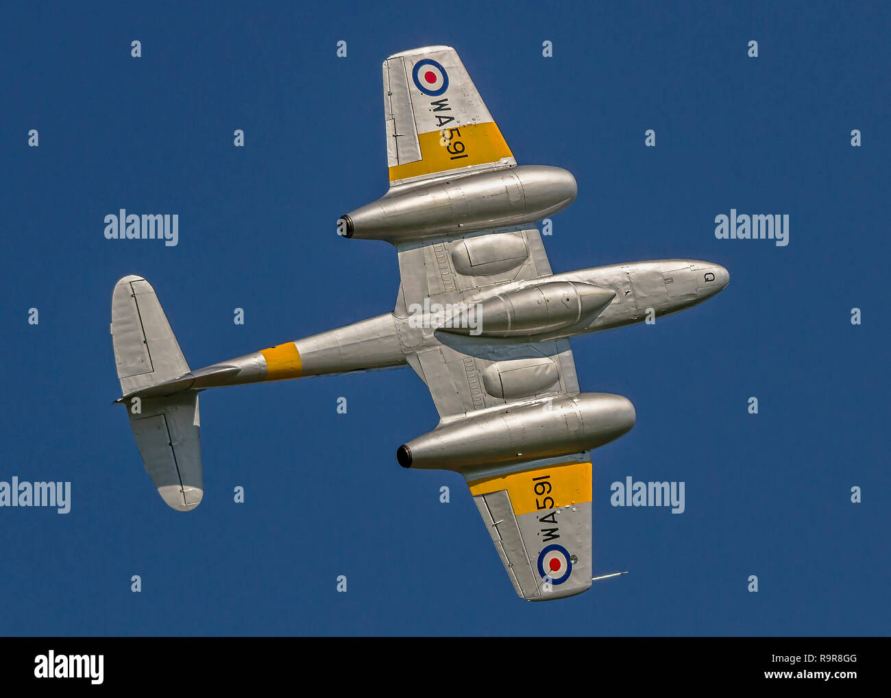 The only airworthy Meteor T.7 shows its underside while barrel rolling in almost perfect conditions in 2012. Stock Photo