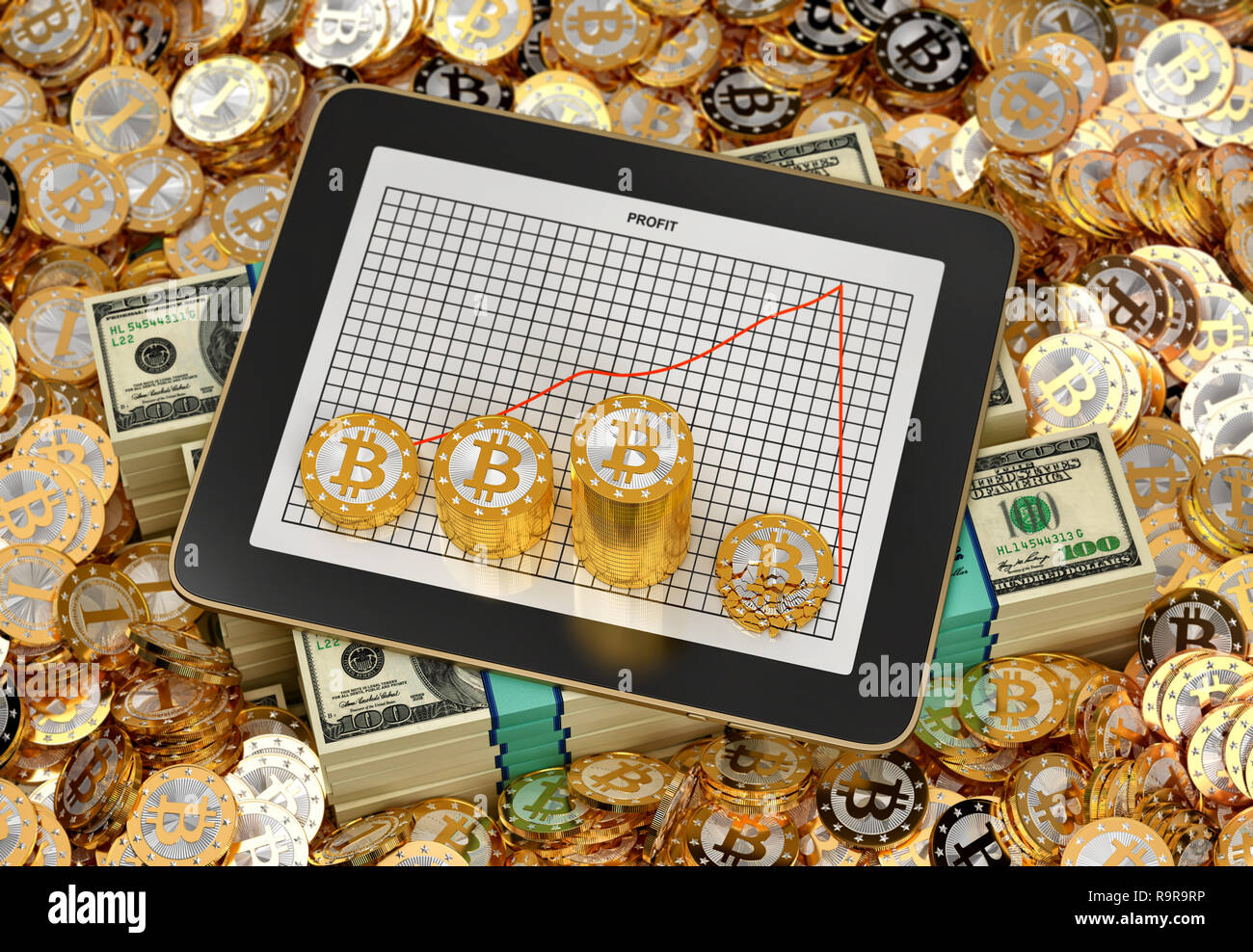 Bitcoin Crash - Tablet showing profit chart with stacks of golden Bitcoins  on it - 3D Rendering Stock Photo - Alamy