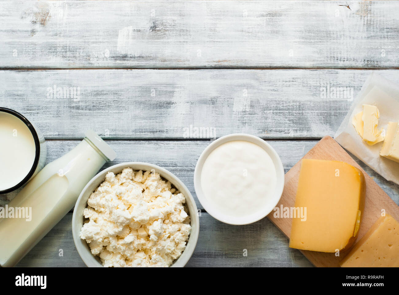 Dairy Products On Wooden Table Cottage Cheese Sour Cream Milk