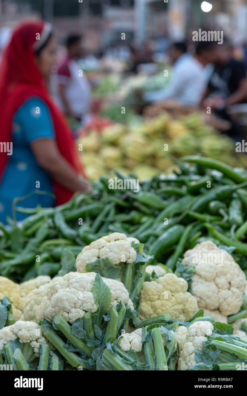 Fresh green vegetables for sale at the vegetable market in Jodhpur, Rajasthan, INDIA Stock Photo