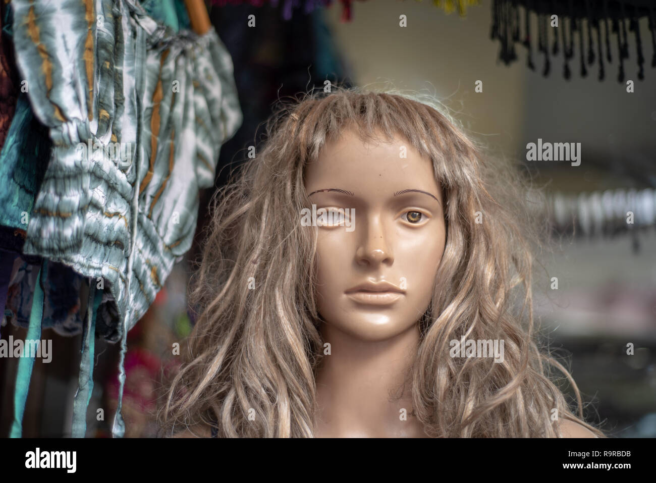 Head Of A Blonde Female Mannequin In An Indian Clothing Shop With