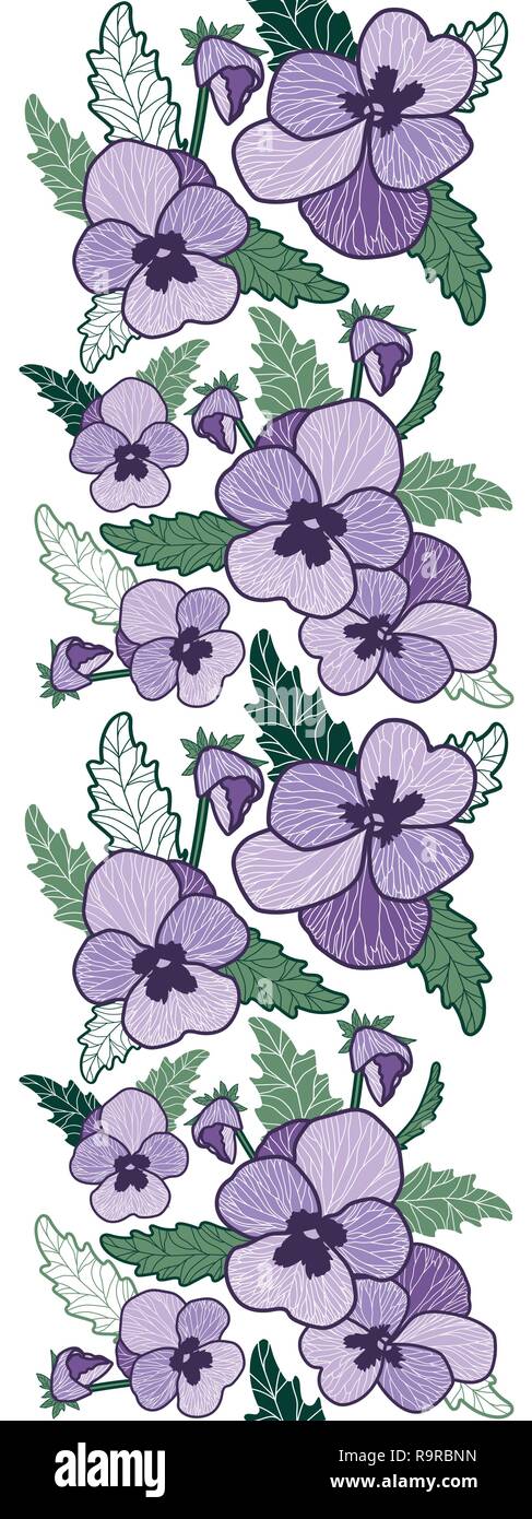 Vector Vertical seamless border with purple pansy and green leaves. Stock Vector