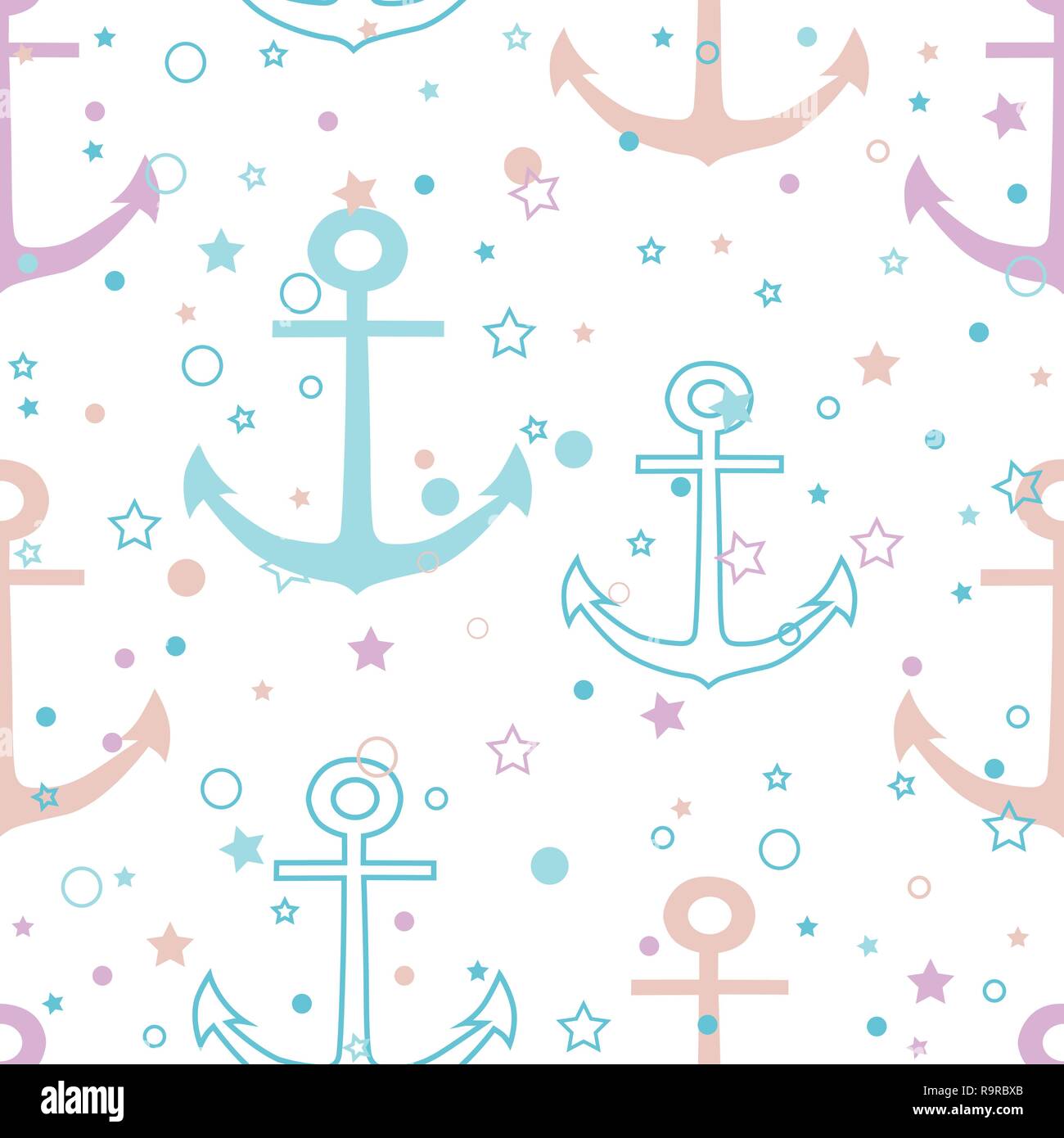 Multicolor pastel anchors on white background vector seamless repeat pattern. Stock Vector