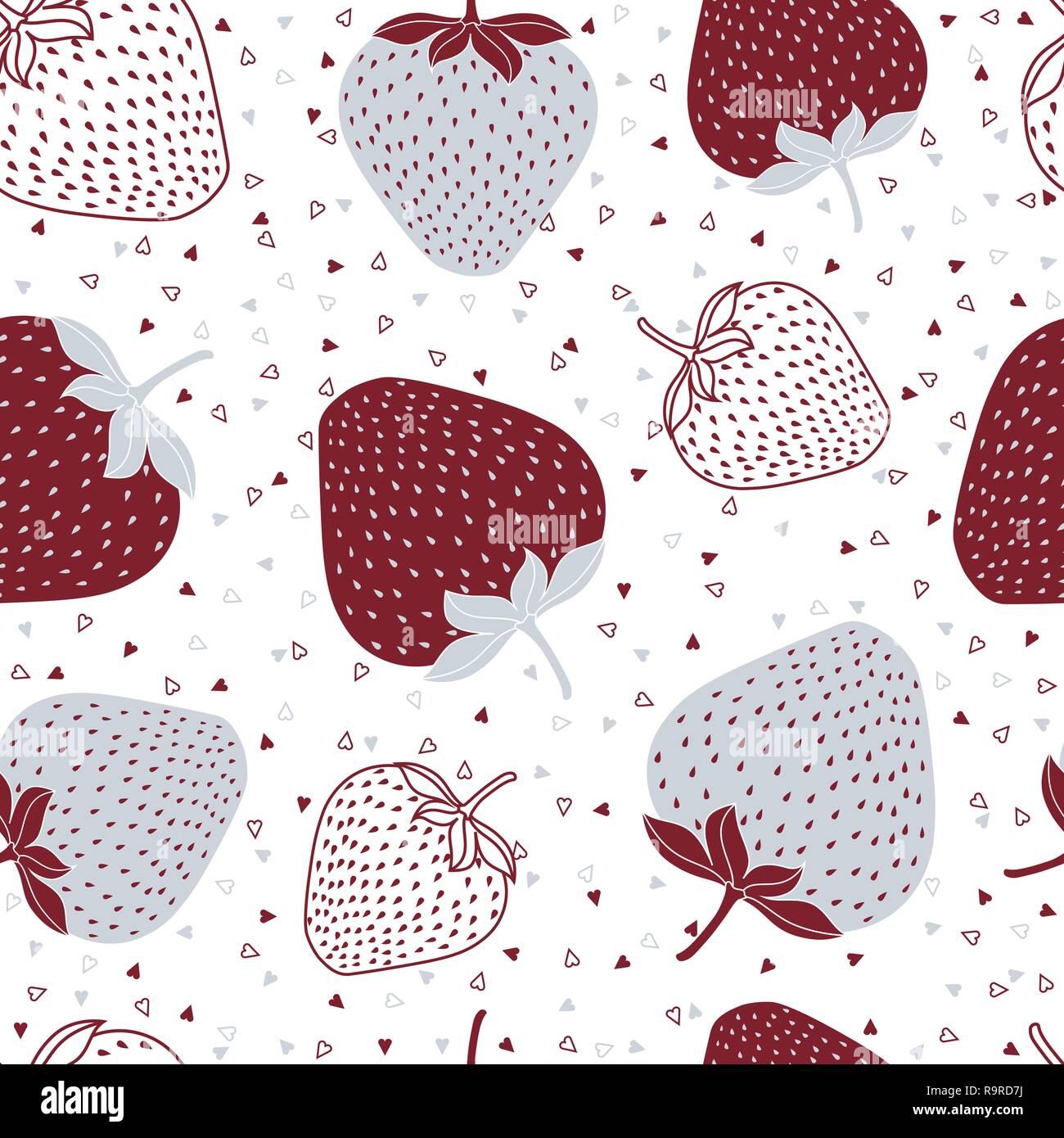 Seamless vector pattern with red and silver strawberries and tiny hearts. Stock Vector