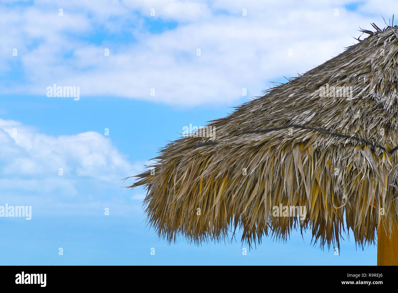 tropical thatched grass tiki hut roof with blue sky and clouds Stock Photo