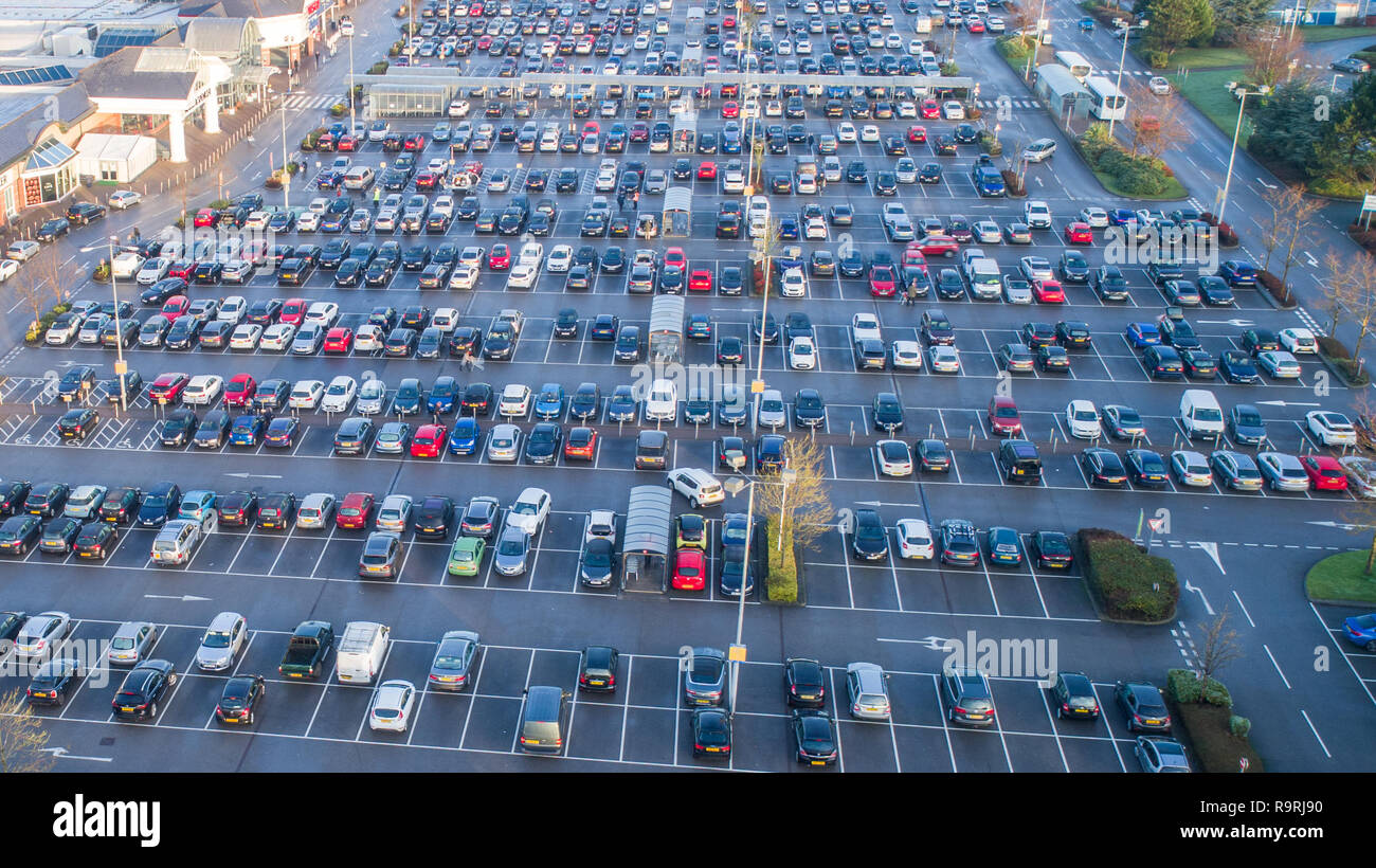 Picture dated December 24th shows the car park almost full at 9AM on Christmas Eve morning at the Marks and Spencer and Tesco stores near Wilmslow in Cheshire as people do their last minute Christmas shopping causing traffic delays in the area. Stock Photo