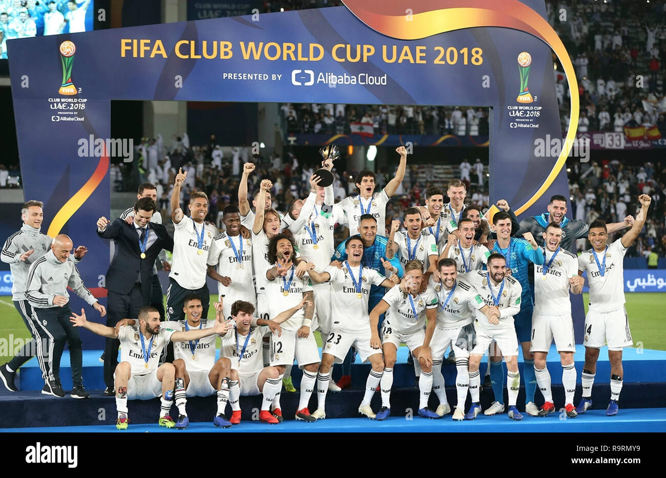 Beijing Dec 27 18 Xinhua Photo Taken On Dec 22 18 Shows Players Of Real Madrid Posing For Photos During The Awarding Ceremony Of Fifa Club World Cup Final