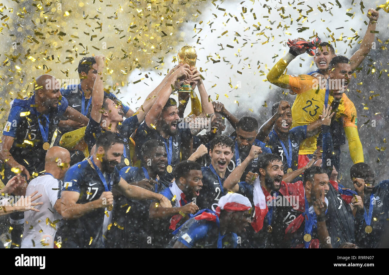 (181227) -- BEIJING, Dec. 27, 2018 (Xinhua) -- Photo taken on July 15, 2018 shows players of France celebrating at the awarding ceremony after the 2018 FIFA World Cup final match between France and Croatia in Moscow, Russia. France defeated Croatia 4-2 in the 2018 Russia World Cup final to be crowned world champions for the second time after they lifted the World Cup on home soil in 1998. The 19-year-old Kylian Mbappe netted a goal in the final, becoming the second player under 20 to score in a World Cup final after Pele. The Russia World Cup is the first World Cup to introduce Video Assistant Stock Photo